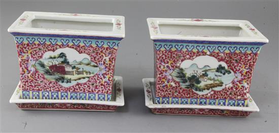 A pair of Chinese famille rose rectangular jardinieres and stands, 19th century, length 17.5cm height 13cm, one stand repaired